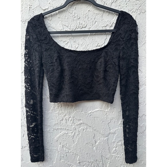 B Darlin Tops - B. Darlin Y2K Black Lace Long Sleeve Scoop Neck Crop Top Women 7/8 Sparkle